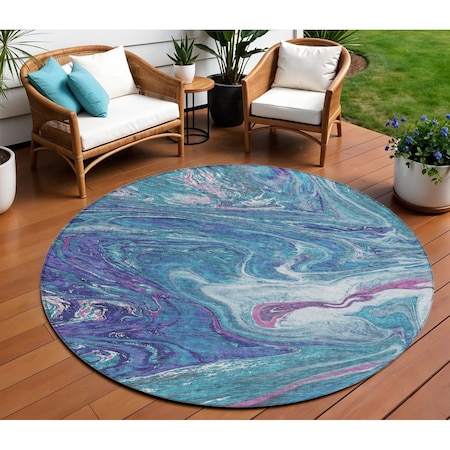8' Teal Blue Purple And Pink Round Abstract Washable Indoor Outdoor Area Rug