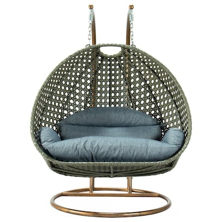 Leisuremod Beige Wicker Hanging 2 person Egg Swing Chair with Charcoal Blue Cushions ESCBG-57CBU