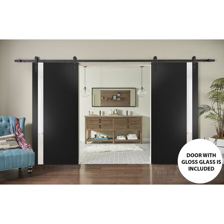 Sartodoors Sturdy Double Barn Door, Planum 0040 Matte Black with White Glass, 13FT Rail Hangers Heavy Set, Sol PLANUM0040DB-BLK-36
