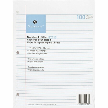 Sparco Notebook Filler Paper, 8-1/2" x 11", College Ruled, White, 100 Sheets/Pack 82110