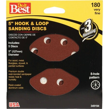 Do It Best 5'' 180-Grit 8-Hole Pattern Vented Sanding Disc with Hook & Loop Backing, 5PK 349194GA