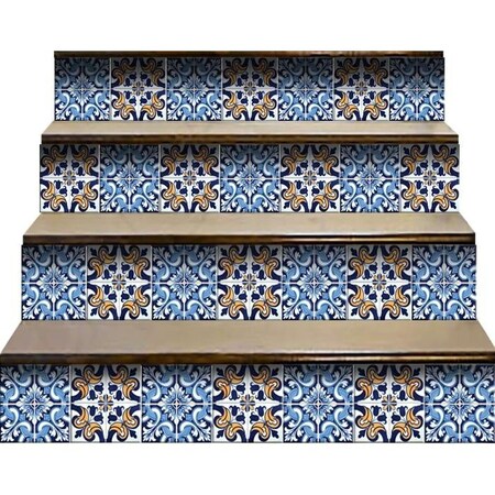 Homeroots 4" X 4" Blue White Golden Peel And Stick Tiles 400171
