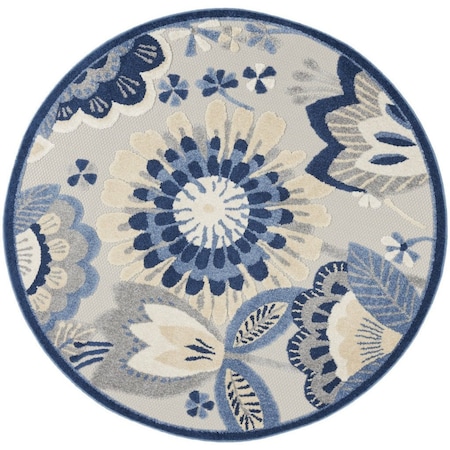 Homeroots 4' Blue And Gray Round Floral Indoor Outdoor Area Rug 546834