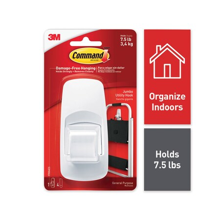 Command Hooks, Jumbo, Plastic, White, 7.5 lb Cap, White, 1 Hook and 4 Strips 17004