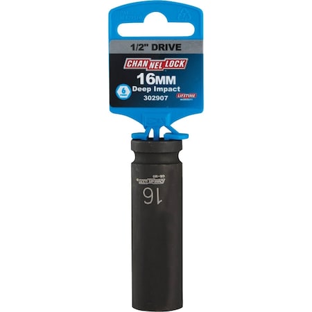 Channellock 1/2'' Drive 16 mm 6-Point Deep Metric Impact Socket 302907