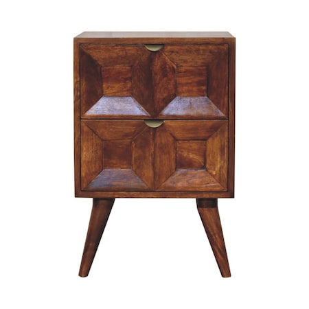 Homeroots 24" Chestnut Solid Wood Square Carved Geometric Two Drawer Nightstand 651598