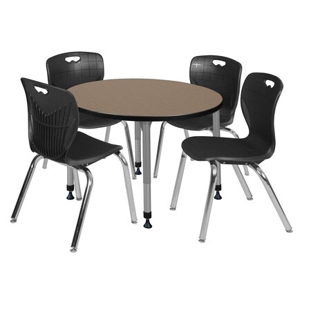 Regency Round Kee Adjustable Classroom Table W/ 4 Andy Stack Chairs, 36 in W, 36 in L, Noble Oak TB36RNDNOAPGY40BK