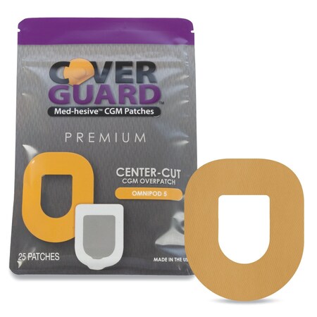 Coverguard CGM Overpatch, Omnipod 5 Insulin Pod, Tan Center-Cut Design, Waterproof Adhesive, Anti-Fray, 25PK 101-300T