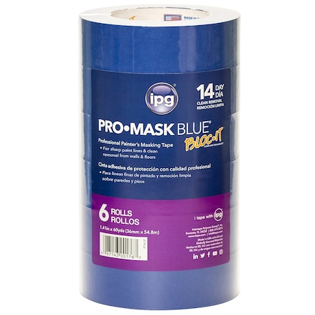 Intertape 1.41" x 60 Yds Intertape PT14 Blue ProMask Blue Masking Tape, Contractor 6-Pack PT14