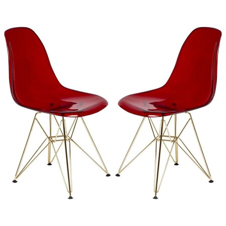 Leisuremod Cresco Plastic Dining Side Chair with Gold Base, Transparent Red, 2PK CR19TRG2