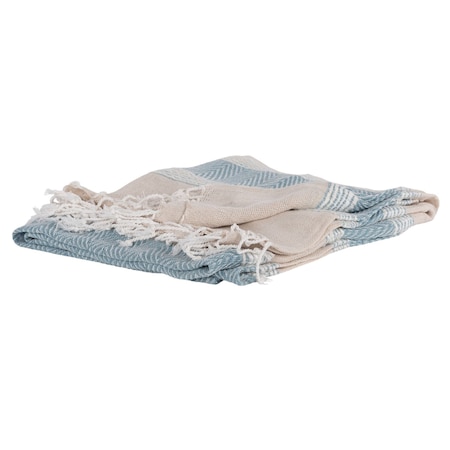 Homeroots 50" X 60" Aqua Cotton Woven Striped Throw Blanket with Fringe 518819