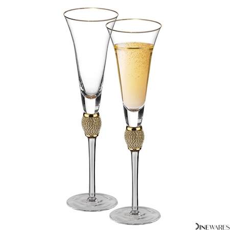 Dinewares 2 Piece Elegant Crystal Set Wedding Champagne Glasses with Diamond Rhinestone Accents and a QI004759.GD.2
