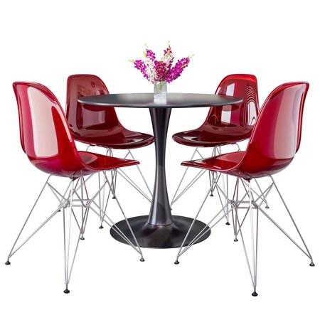 Leisuremod Bristol 5-Piece Modern Dining Set: Round MDF Table & 4 Eiffel Plastic Chairs with Chrome Legs, 5PK BTBL-35BL-CR19TR4