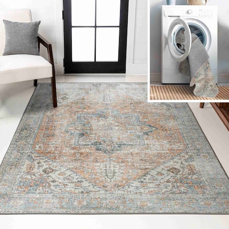 Jonathan Y Armae Distressed Medallion Chenille Non-Slip Machine-Washable Terra/Blue 4 ft. x 6 ft. Area Rug WSH200A-4