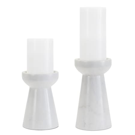 Homeroots Set of Two White And Gray Marble Tabletop Pillar Candle Holders, 2PK 634842
