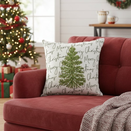 Homeroots 18" White And Green Cotton Merry Christmas Throw Pillow With Embroidery 719256