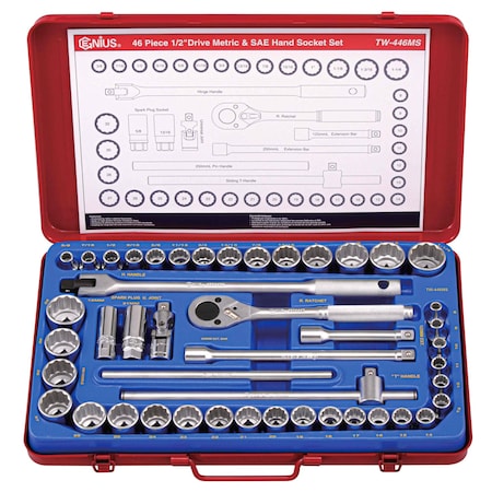 Genius Tools 46PC 1/2in Dr. 12-pt. Metric & SAE Hand Socket Set TW-446MS