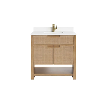 James Martin Vanities Solene 36 in. Single Vanity, Seaside Oak, w/ Single Hole 3 CM White Zeus Quartz Top & Backsplash D225-V36-SSO-1WZ