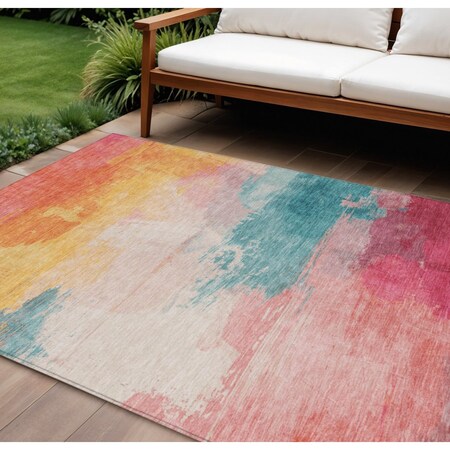 Homeroots 8' X 10' Pink Gold And Teal Blue Abstract Washable Indoor Outdoor Area Rug 611279