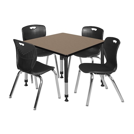 Regency Square Kee Adjustable Classroom Table W/ 4 Andy Stack Chairs, 36 in W, 30 in L, Noble Oak TB3636NOAPBK40BK