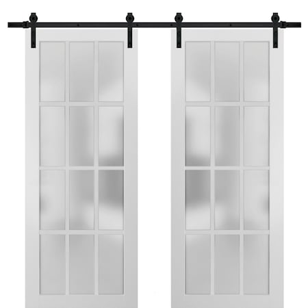 Sartodoors Sturdy Double Barn Door with Frosted Glass 12 Lites, Felicia 3312 Matte White, 13FT Rail Hangers H FELICIA3312DB-WS-4896