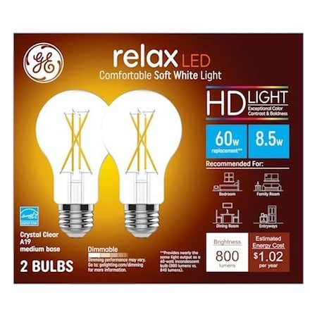 Ge LED Bulb, General-Purpose, A19 Lamp, 60 W Equivalent, E24 Medium Lamp Base, Dimmable, PK2 93129016