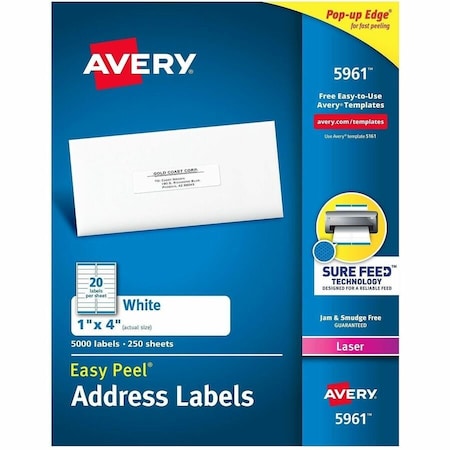 Avery Easy Peel Laser Address Labels, 1 x 4, White, 5000/Box 5961