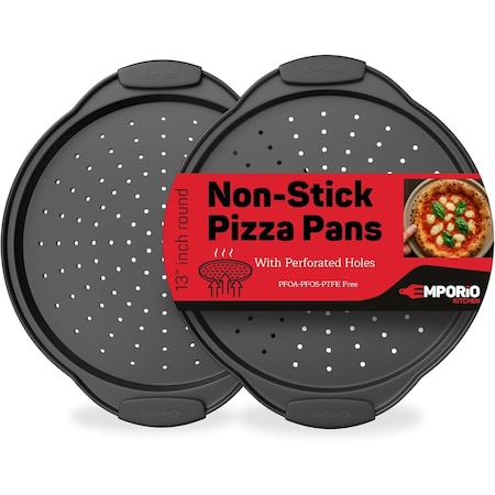 Emporio Kitchen Non-Stick Pizza Pan with Silicone Handle, 2 Pack, 13in Carbon Steel, Perforated, Gray EKPIZAPSIL2