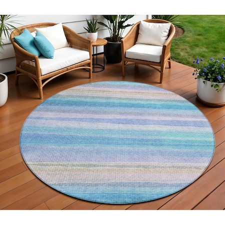 Homeroots 8' Aqua Lavender And Peach Round Striped Washable Indoor Outdoor Area Rug 631199