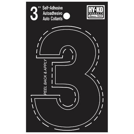 Hy-Ko 30400 Series Die-Cut Number, Character: 3, 3 in H Character, Black Character, Vinyl 30403