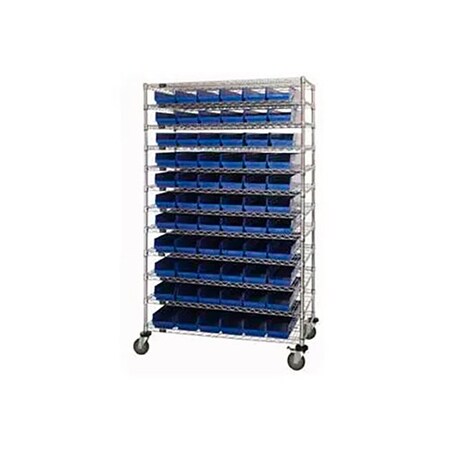 Global Industrial Chrome Wire Shelving with 88 4"H Plastic Shelf Bins Blue, 60x14x74 269042BL