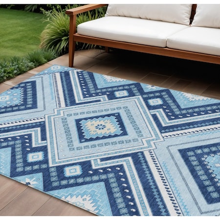 Homeroots 9' X 12' Navy Blue Aqua And Ivory Tribal Washable Indoor Outdoor Area Rug 598140