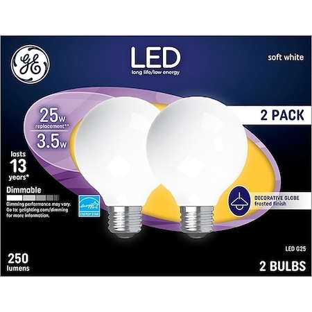 Ge Replacement Bulb, Decorative, G25 Lamp, 25 W Equivalent, Medium E26 Lamp Base, Dimmable, PK2 31228