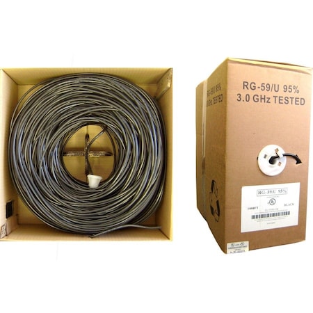 Cable Wholesale Bulk RG59/U Coaxial Cable, Black, 20 AWG, Solid Core, Copper, Pullbox, 1000 foot 10X3-022TH-20