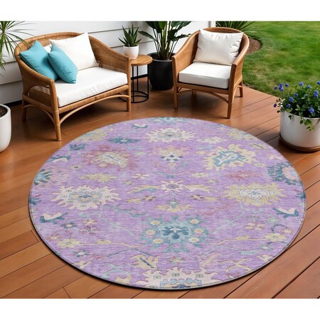 Homeroots 8' Purple Ivory And Denim Blue Round Floral Washable Indoor Outdoor Area Rug 605327