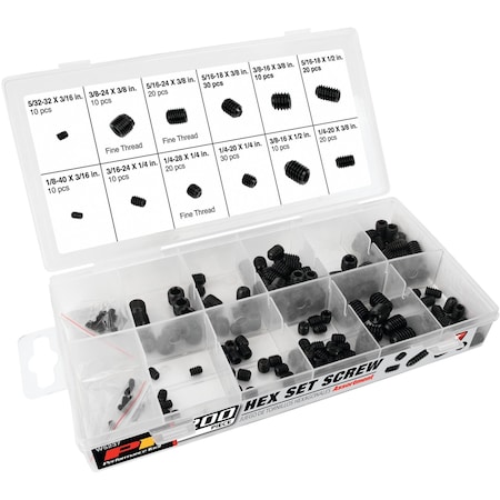 Performance Tool 200 pc. SAE Hex Set Screw Assortment, Fine/Coarse Thread, Storage Case W5237