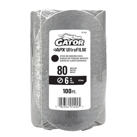 Gator Finishing 6 in. Premium Hook and Loop Sanding Disc, 80 Grit, 100PK 391490
