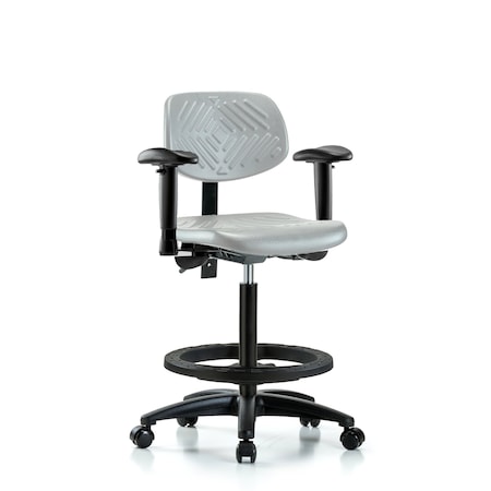 Blue Ridge Ergonomics Poly Chair-High Bench Height with Adjustable Arms, Black Foot Ring, & Casters in Gray Poly PHBCH-RG-T0-A1-BF-RC-GRY