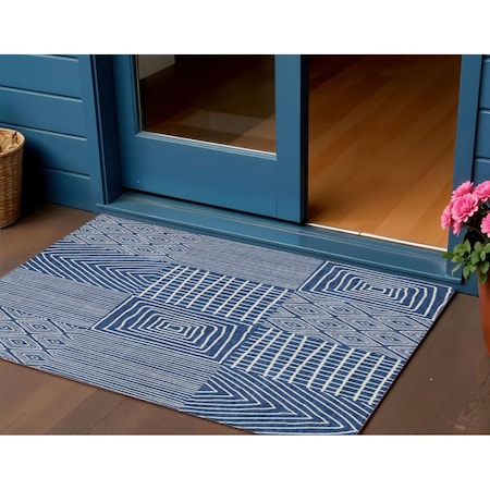 Homeroots 3' X 5' Navy Blue And Ivory Geometric Washable Indoor Outdoor Area Rug 596950