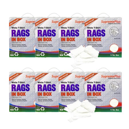 Supremeplus Recycled White Knit T-Shirt Cleaning Rags, 5 lbs. Compressed Boxes- Pack of 8, 8PK SP-7233
