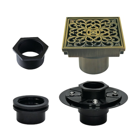 Kingston Brass 4" Brass Square Grid Shower Drain with Hair Strainer and Base Flange, Antique Brass BSFK9771AB