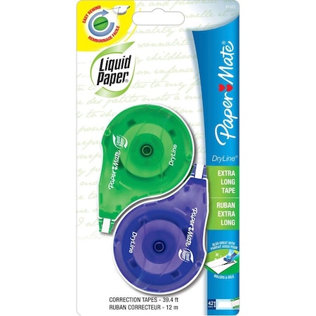 Paper Mate Liquid Paper DryLine, Extra Long Tape, 2 Assorted Colors Per Pack, 3PK 6137206