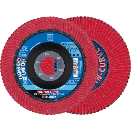 Pferd Flap Disc, 5 inx 7/8, CO SGP CURVE STEELOX, 60 Grit, Large Radius, Ceramic, 2PK 67698066