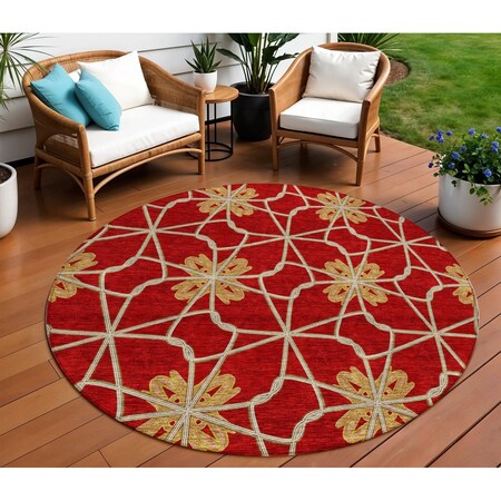 Homeroots 8' Orange And Gold Round Geometric Washable Indoor Outdoor Area Rug 613448