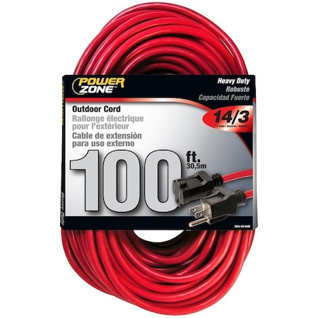 Extension Cord, 14 AWG, Outdoor, Red, 100 ft
