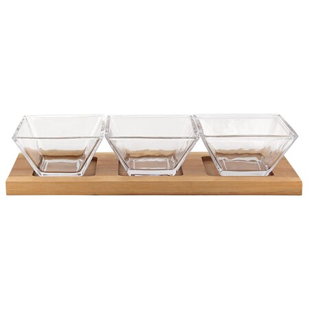 Homeroots Four Piece Clear And Natural Crystal And Solid Wood Condiment Server 375724
