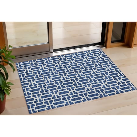 Homeroots 3' X 5' Navy Blue And Ivory Geometric Washable Indoor Outdoor Area Rug 594857