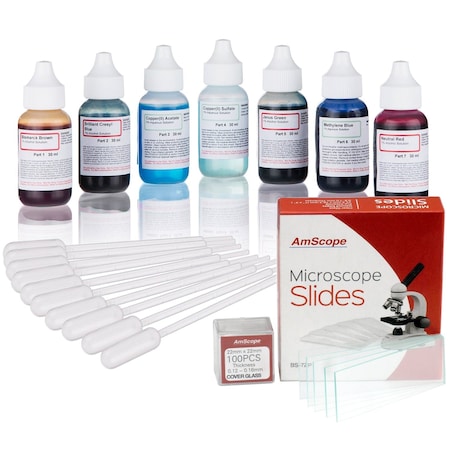 Amscope Vital Stain Kit for Living Cells - Microscope Slide Stains, Pipettes & 72 Slides SK6-72P100S22-PP10