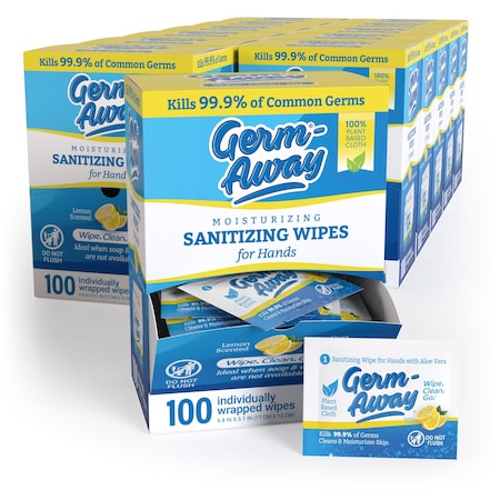 Germ-Away Sanitizing Hand Wipe Sachets 100ct Gravity Dispenser, 1200 Antiseptic Wipes total, Plant-Based, 12PK GA72060SSDB12