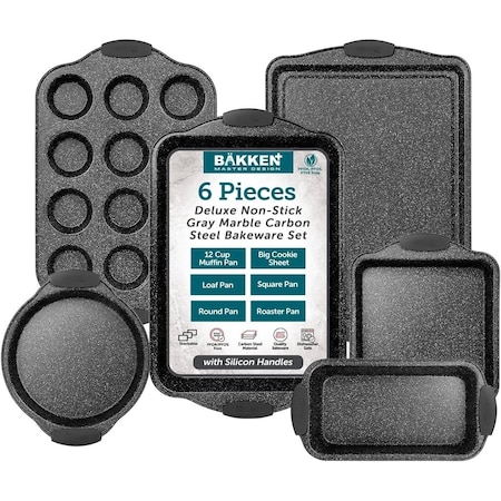 Bakken-Swiss 6-Piece Nonstick Gray Marble Bakeware Set, Carbon Steel, Silicone Handles, Oven and Freezer Safe BKBSGRYMAR6